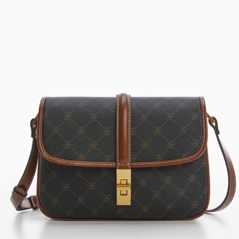 Mango New Yvonne Brown Printed Monogram Logo Vegan Leather Crossbody Bag Preppy